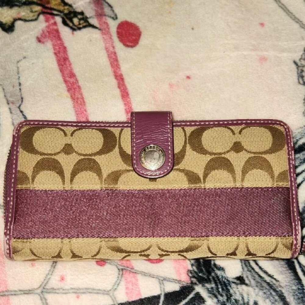 Coach tan and purple canvas wallet